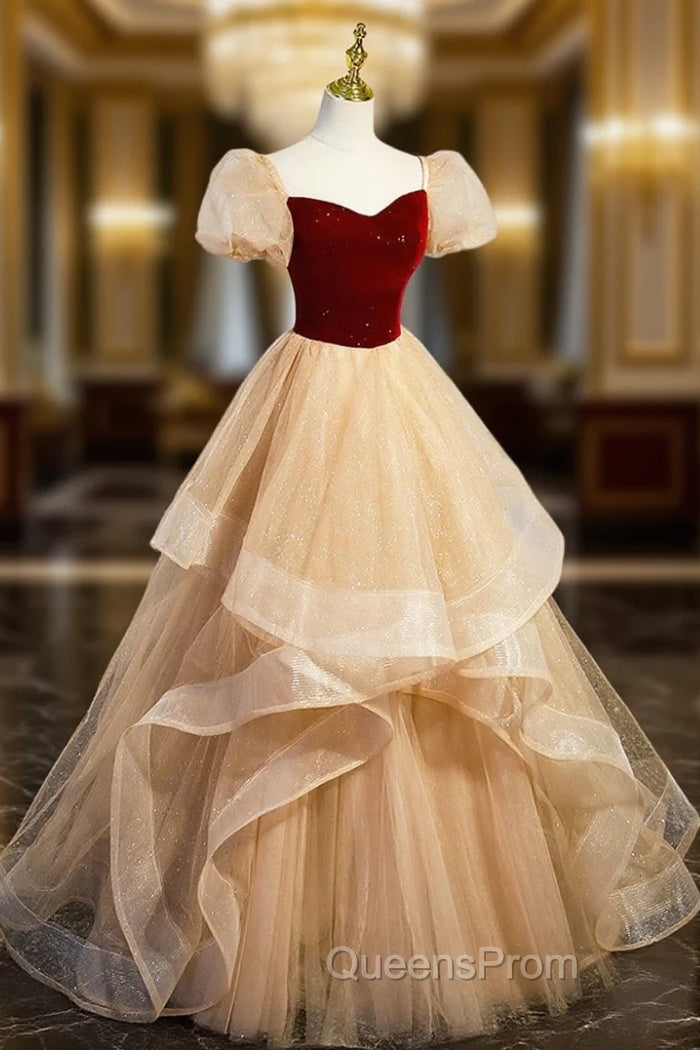 Burgundy Velvet Glitter Cascading Ruffles Evening Prom Dress, Champagne Tulle Floor Length Evening Dress Main image