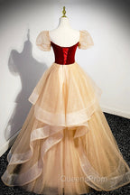 Burgundy Velvet Glitter Cascading Ruffles Evening Prom Dress, Champagne Tulle Floor Length Evening Dress