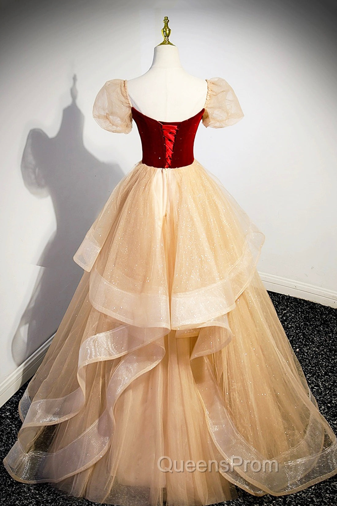 Burgundy Velvet Glitter Cascading Ruffles Evening Prom Dress, Champagne Tulle Floor Length Evening Dress