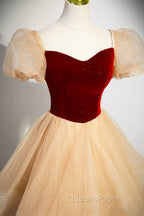 Burgundy Velvet Glitter Cascading Ruffles Evening Prom Dress, Champagne Tulle Floor Length Evening Dress