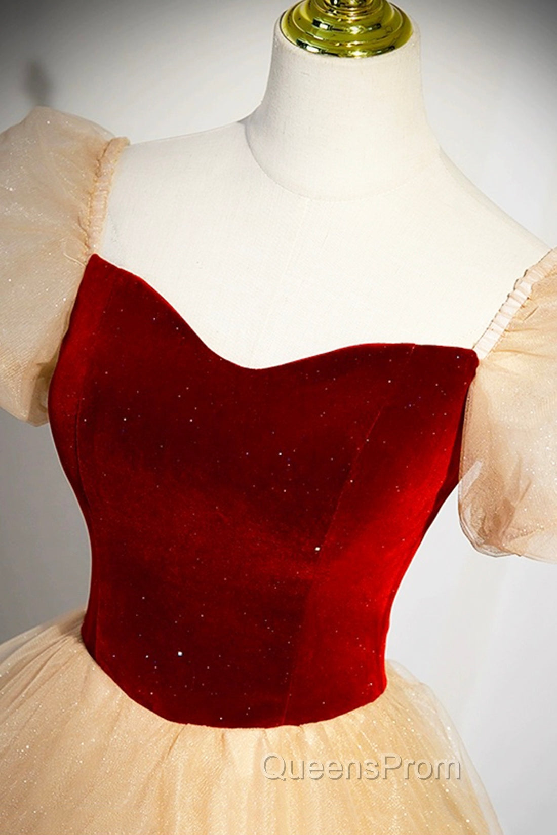 Burgundy Velvet Glitter Cascading Ruffles Evening Prom Dress, Champagne Tulle Floor Length Evening Dress
