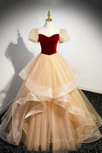 Burgundy Velvet Glitter Cascading Ruffles Evening Prom Dress, Champagne Tulle Floor Length Evening Dress