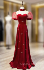 Burgundy Velvet High Neck Puff Sleeve Evening Prom Dress