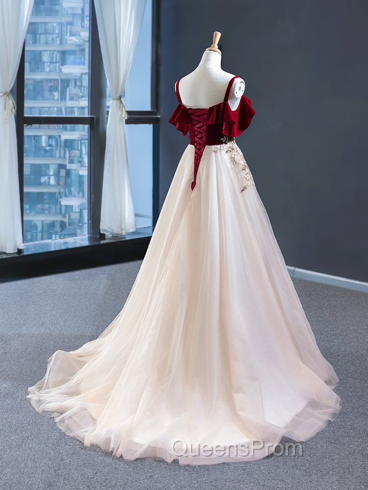 Burgundy Velvet Lace Long Evening Prom Dress, A-Line Off Shoulder Evening Dress