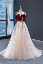 Burgundy Velvet Lace Long Evening Prom Dress, A-Line Off Shoulder Evening Dress