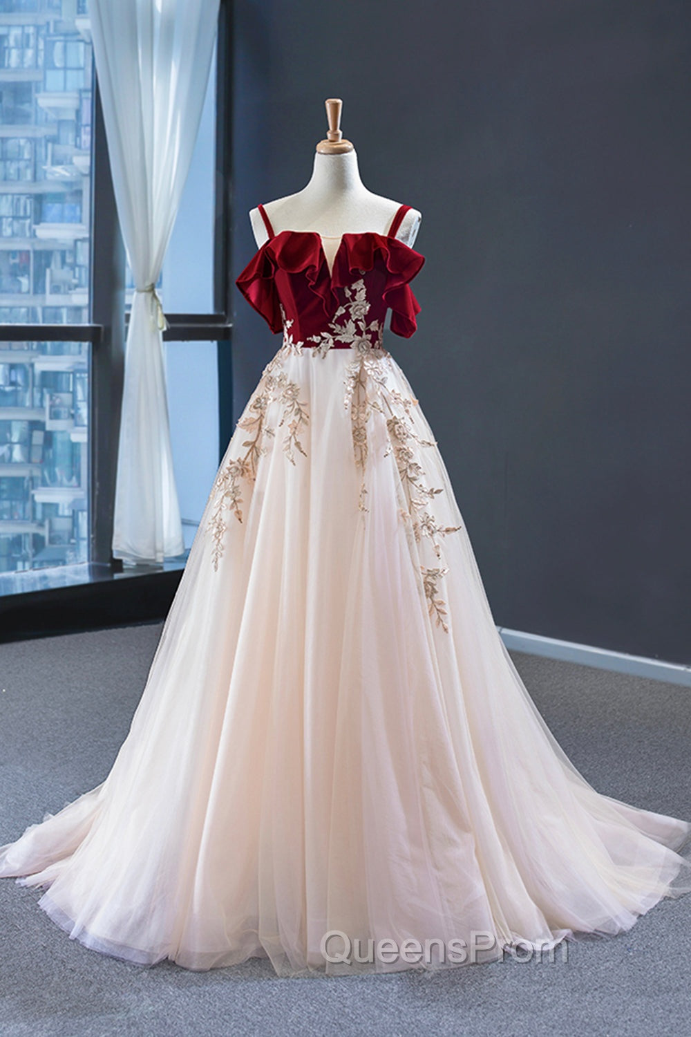 Burgundy Velvet Lace Long Evening Prom Dress, A-Line Off Shoulder Evening Dress