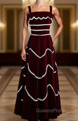 Burgundy Velvet Lace Straps Pearls Evening Prom Dress
