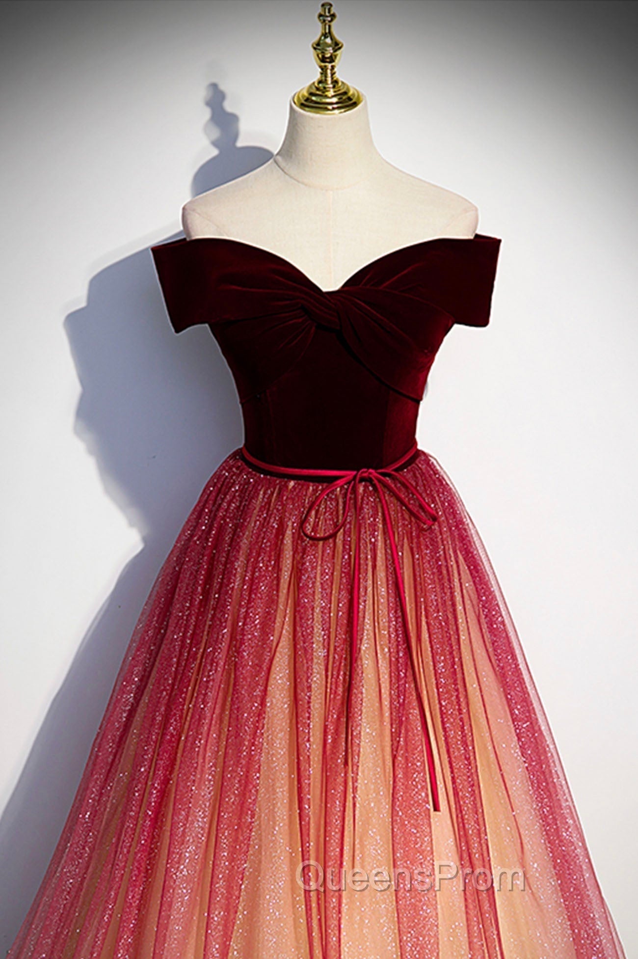 Burgundy Velvet Long A-Line Evening Dress, Off the Shoulder Evening Party Dress Secondary image