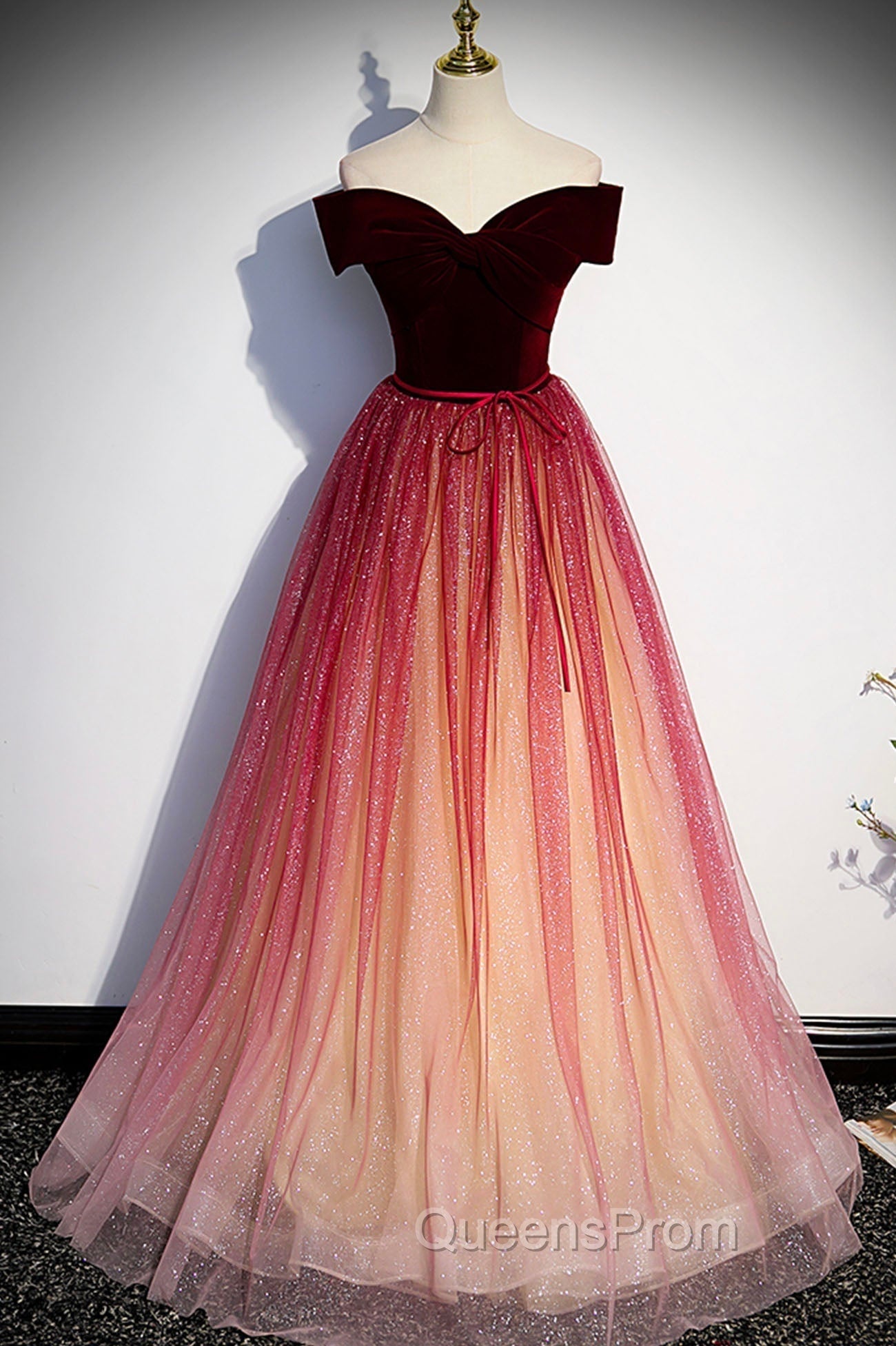 Burgundy Velvet Long A-Line Evening Dress, Off the Shoulder Evening Party Dress Main image
