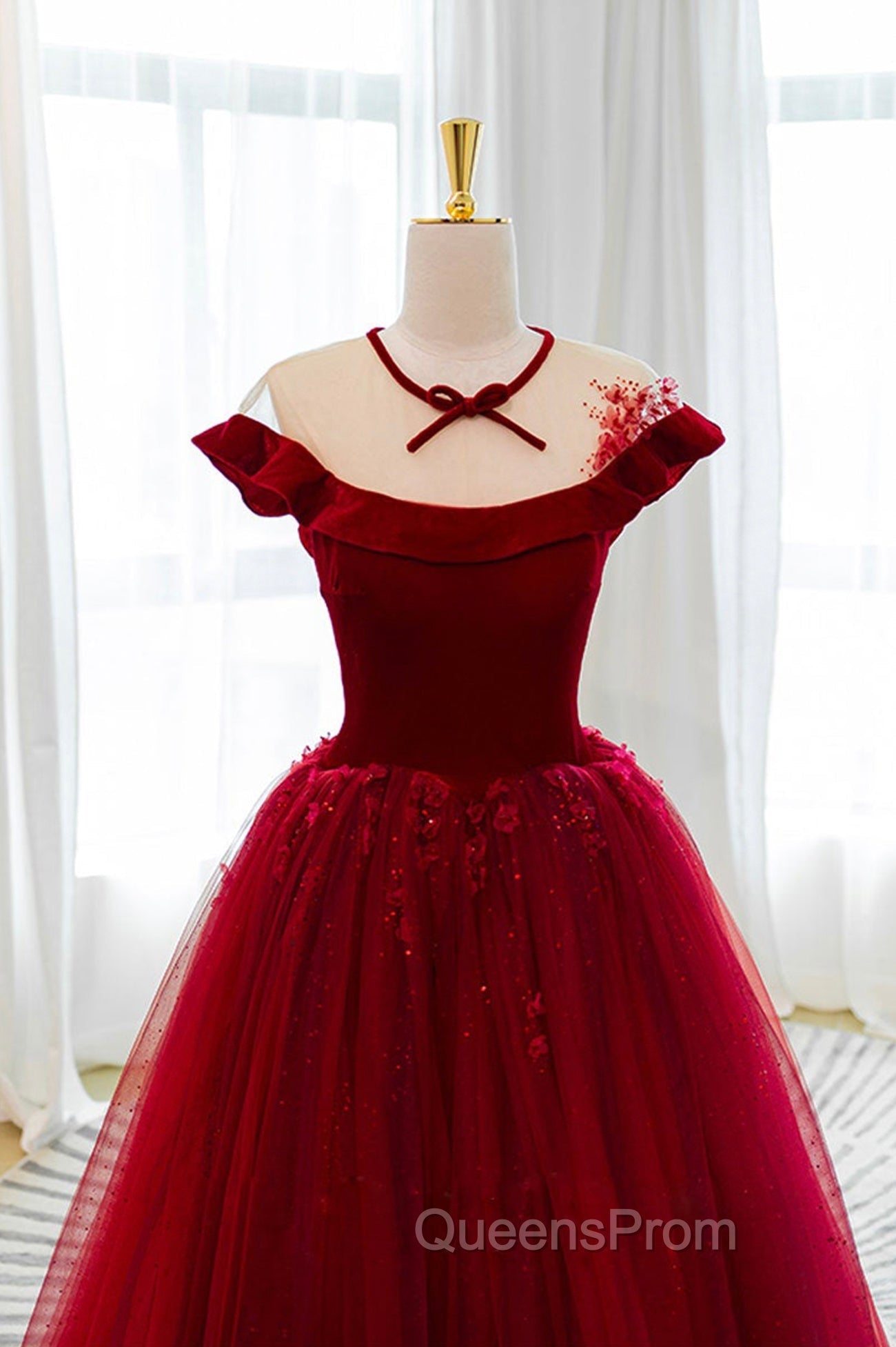 Burgundy Velvet Long A-Line Evening Prom Dress, Burgundy Evening Dress Secondary image