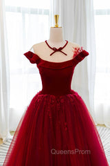 Burgundy Velvet Long A-Line Evening Prom Dress, Burgundy Evening Dress