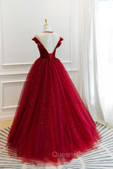 Burgundy Velvet Long A-Line Evening Prom Dress, Burgundy Evening Dress