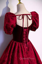 Burgundy Velvet Long A-Line Evening Prom Dress, Burgundy Short Sleeve Evening Dress