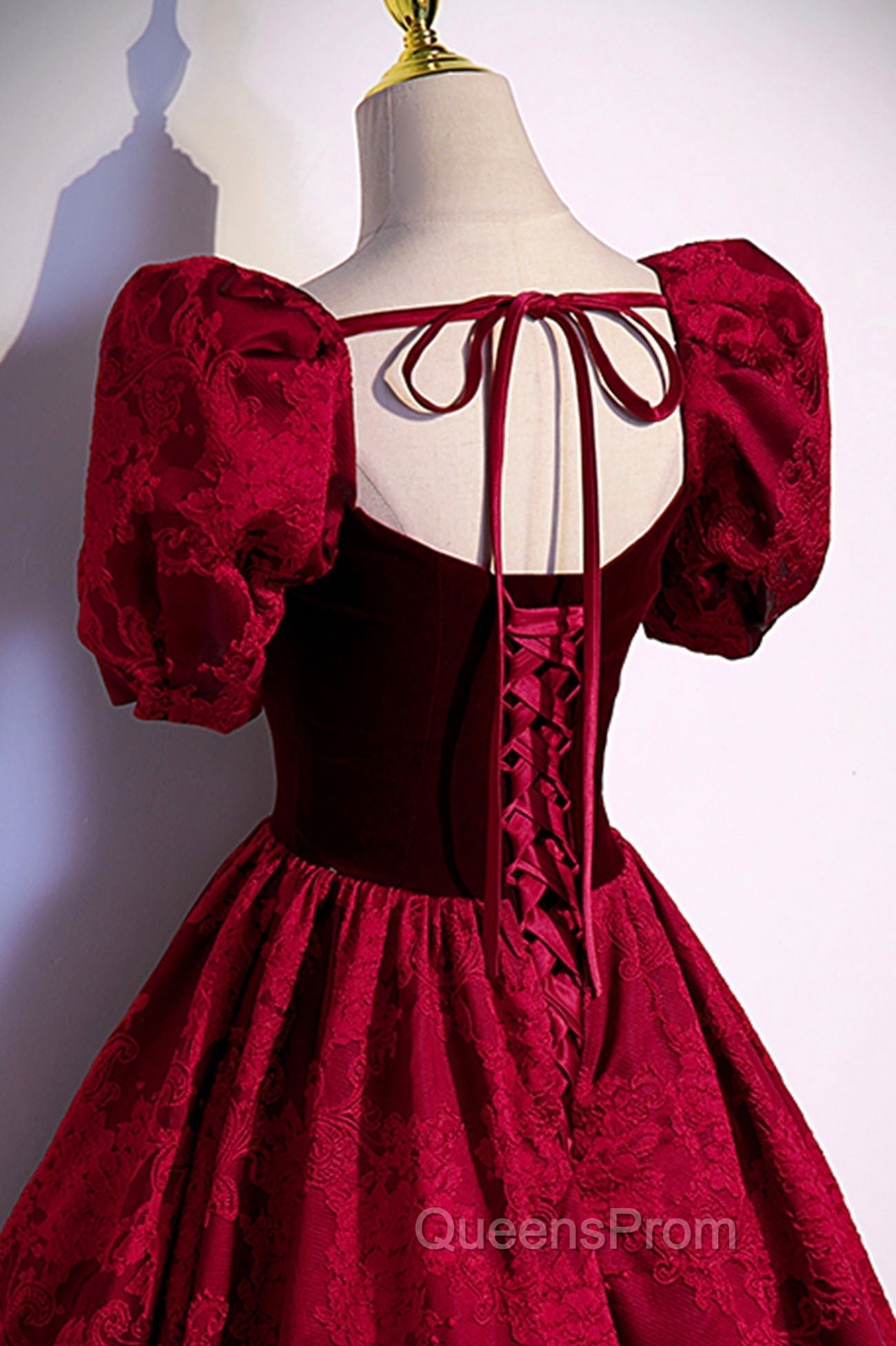 Burgundy Velvet Long A-Line Evening Prom Dress, Burgundy Short Sleeve Evening Dress