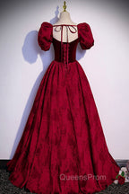 Burgundy Velvet Long A-Line Evening Prom Dress, Burgundy Short Sleeve Evening Dress