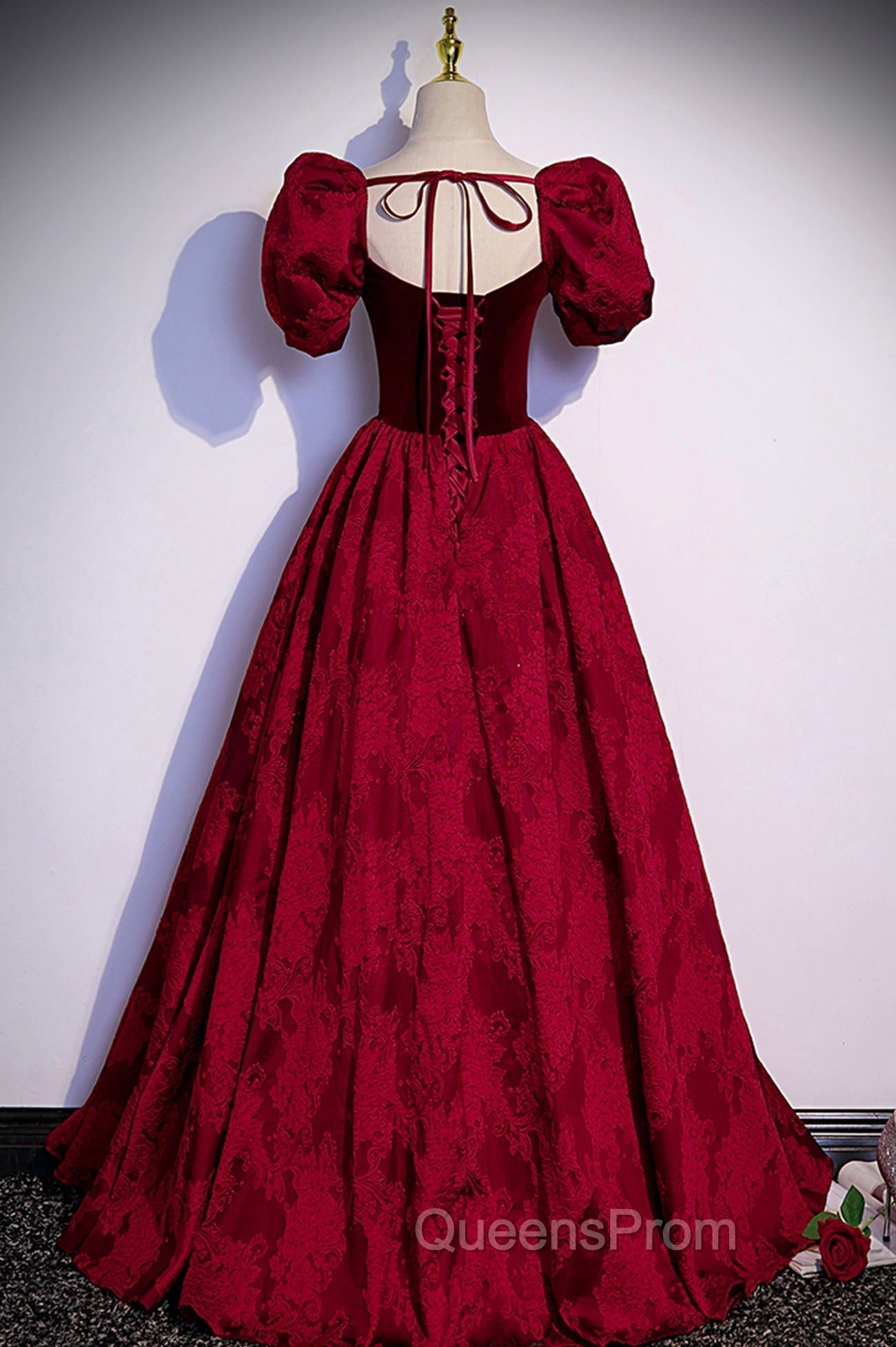 Burgundy Velvet Long A-Line Evening Prom Dress, Burgundy Short Sleeve Evening Dress