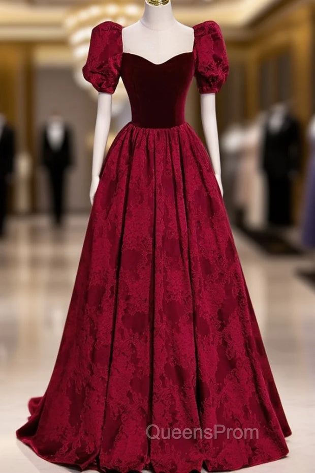 Burgundy Velvet Long A-Line Evening Prom Dress, Burgundy Short Sleeve Evening Dress Main image