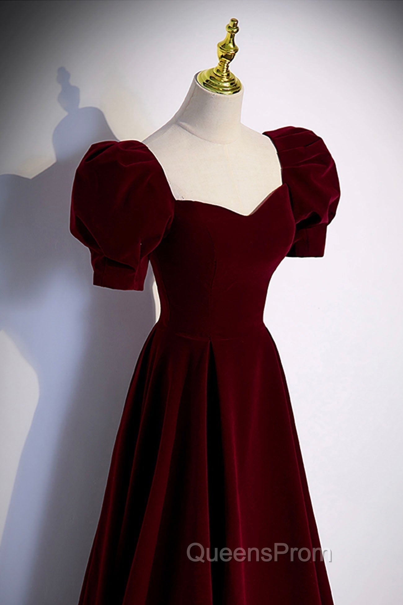 Burgundy Velvet Long A-Line Evening Prom Dress, Simple Short Sleeve Party Dress Secondary image
