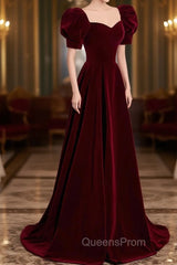 Burgundy Velvet Long A-Line Evening Prom Dress, Simple Short Sleeve Party Dress
