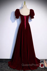 Burgundy Velvet Long A-Line Evening Prom Dress, Simple Short Sleeve Party Dress