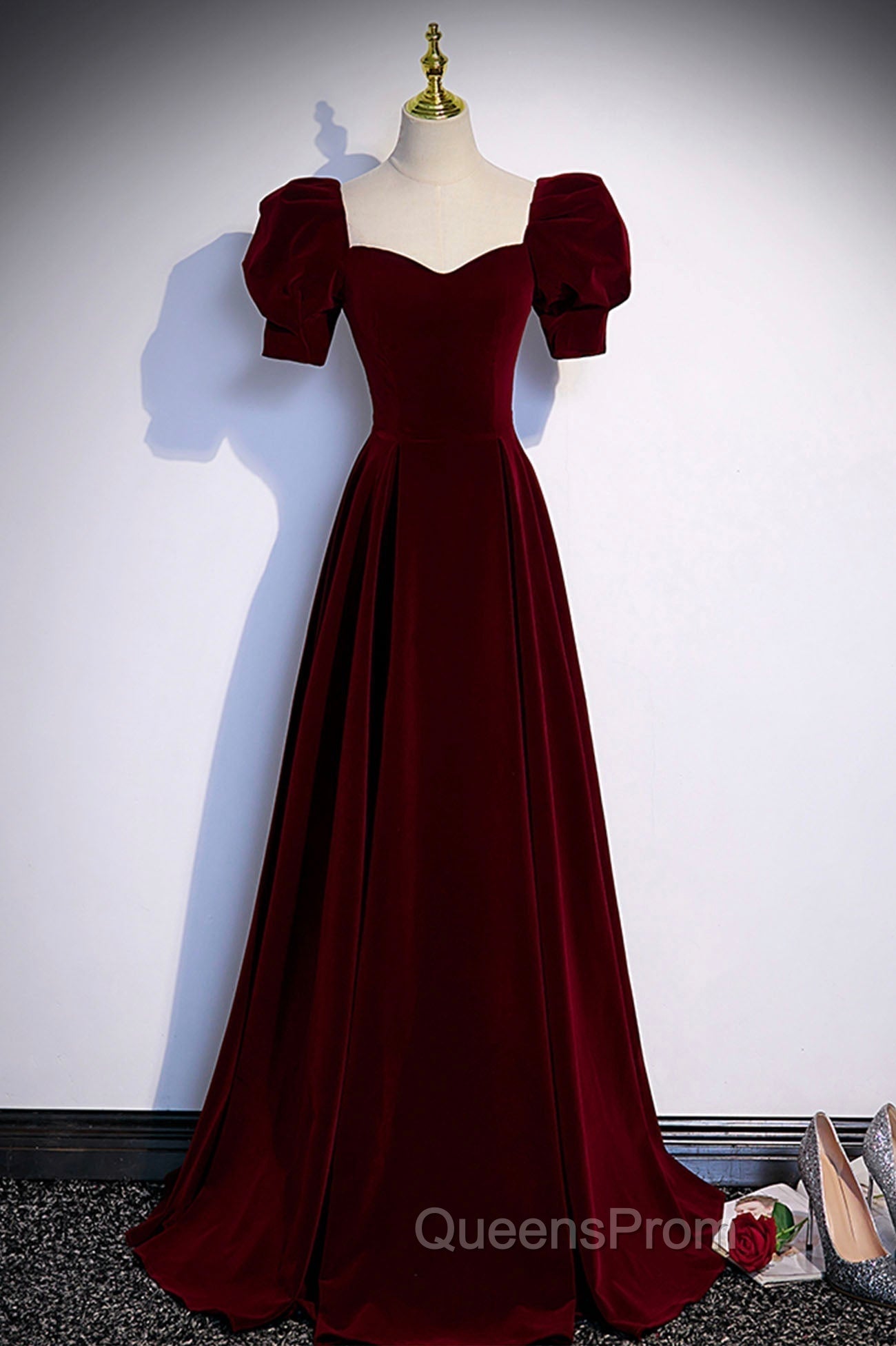 Burgundy Velvet Long A-Line Evening Prom Dress, Simple Short Sleeve Party Dress Main image
