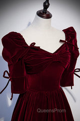 Burgundy Velvet Long Evening Party Dress, A-Line Short Sleeve Evening Prom Dress