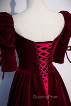 Burgundy Velvet Long Evening Party Dress, A-Line Short Sleeve Evening Prom Dress