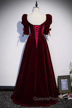 Burgundy Velvet Long Evening Party Dress, A-Line Short Sleeve Evening Prom Dress