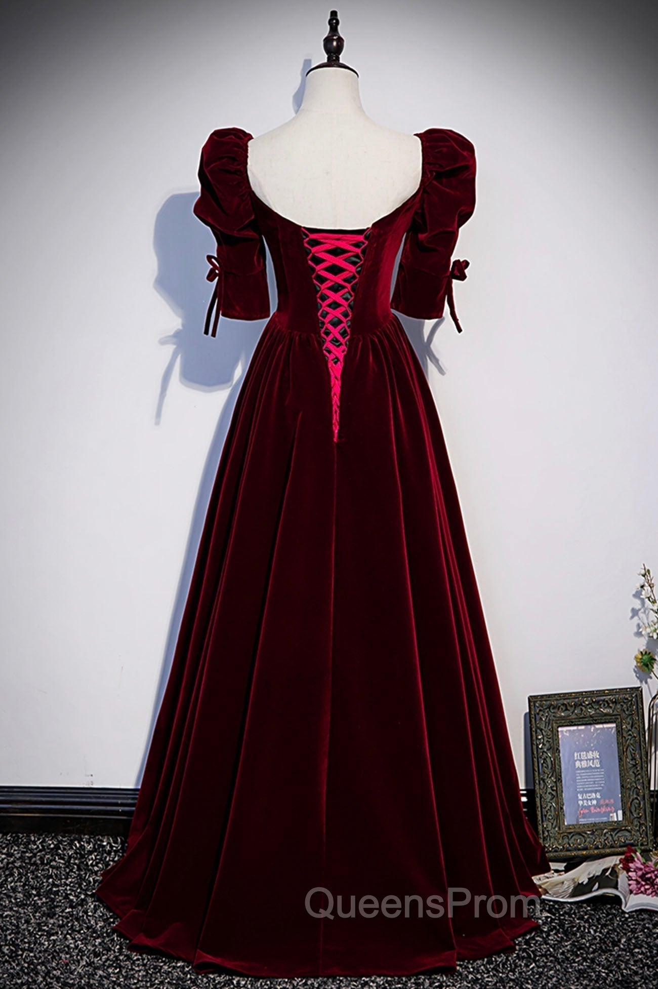 Burgundy Velvet Long Evening Party Dress, A-Line Short Sleeve Evening Prom Dress