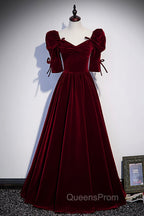 Burgundy Velvet Long Evening Party Dress, A-Line Short Sleeve Evening Prom Dress