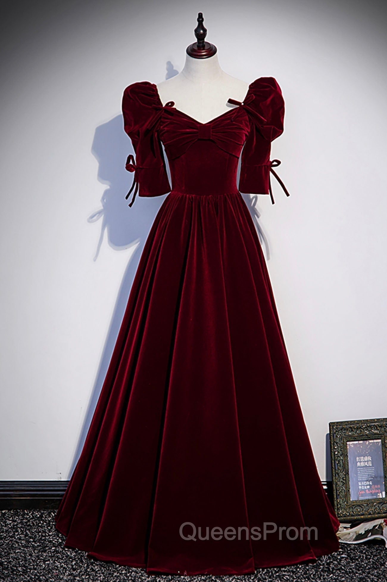 Burgundy Velvet Long Evening Party Dress, A-Line Short Sleeve Evening Prom Dress