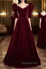Burgundy Velvet Long Evening Party Dress, A-Line Short Sleeve Evening Prom Dress