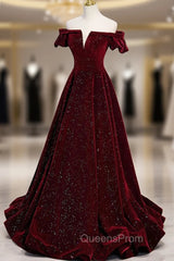 Burgundy Velvet Long Evening Prom Dress, A-Line Off the Shoulder Evening Dress