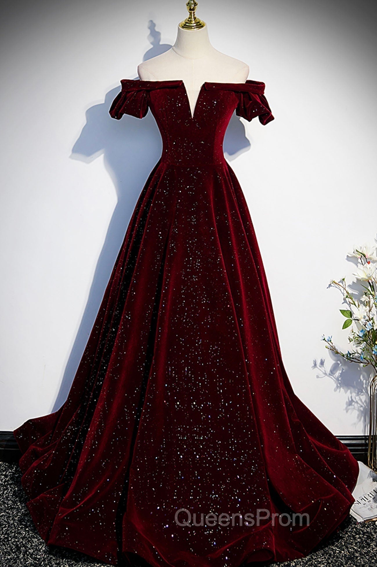 Burgundy Velvet Long Evening Prom Dress, A-Line Off the Shoulder Evening Dress Main image