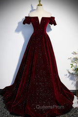 Burgundy Velvet Long Evening Prom Dress, A-Line Off the Shoulder Evening Dress