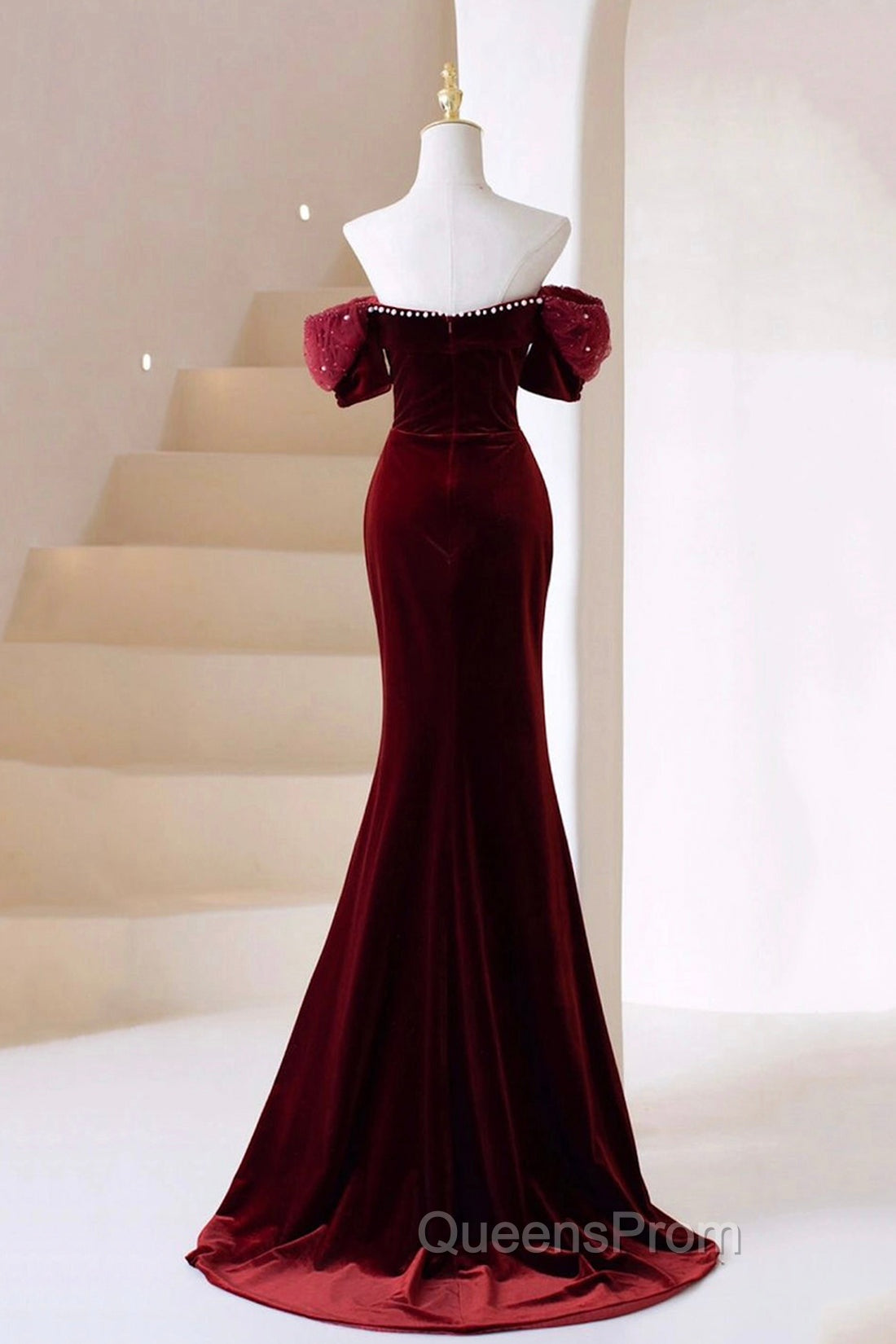 Burgundy Velvet Long Evening Prom Dress, Burgundy Off Shoulder Pearl Evening Dress