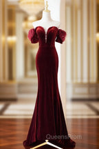 Burgundy Velvet Long Evening Prom Dress, Burgundy Off Shoulder Pearl Evening Dress