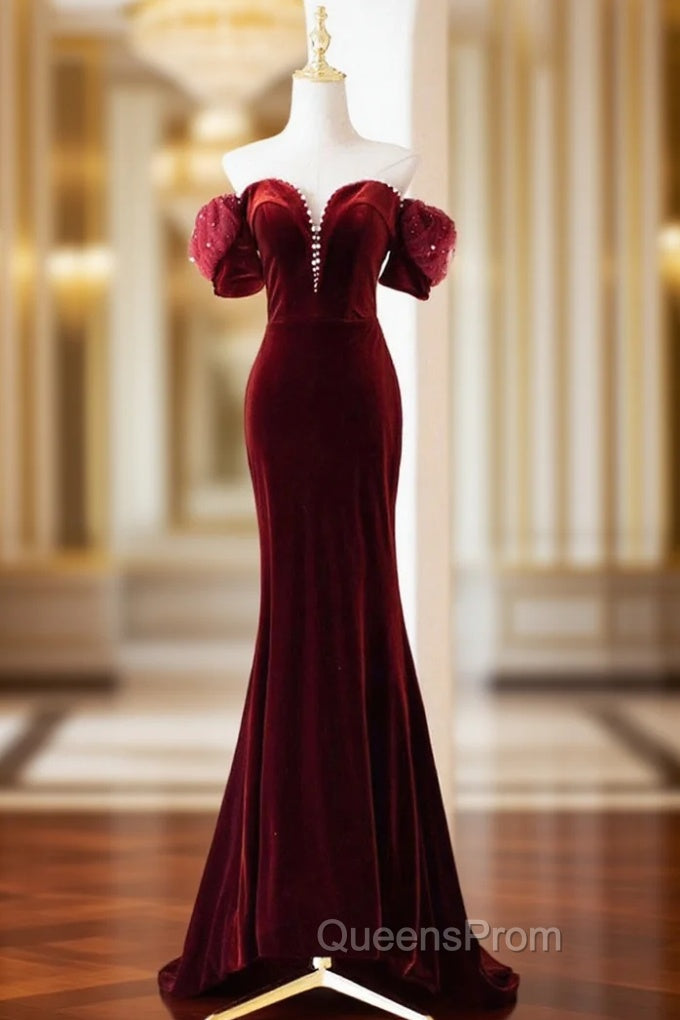 Burgundy Velvet Long Evening Prom Dress, Burgundy Off Shoulder Pearl Evening Dress
