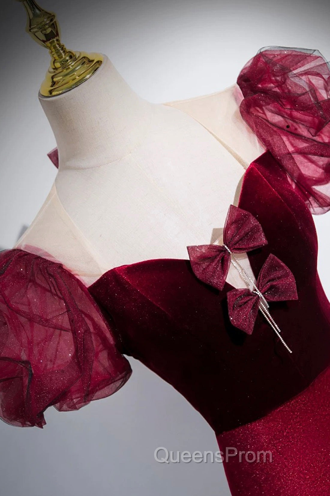 Burgundy Velvet Long Evening Prom Dress, Mermaid Short Sleeve Party Dress Wit Bow Secondary image