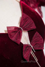 Burgundy Velvet Long Evening Prom Dress, Mermaid Short Sleeve Party Dress Wit Bow
