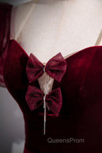 Burgundy Velvet Long Evening Prom Dress, Mermaid Short Sleeve Party Dress Wit Bow