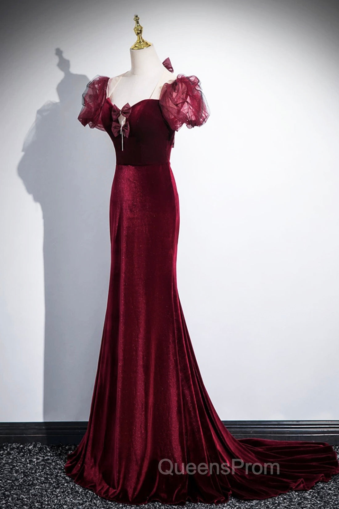 Burgundy Velvet Long Evening Prom Dress, Mermaid Short Sleeve Party Dress Wit Bow