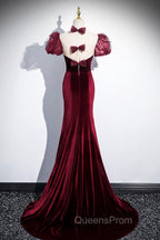 Burgundy Velvet Long Evening Prom Dress, Mermaid Short Sleeve Party Dress Wit Bow