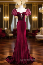 Burgundy Velvet Long Evening Prom Dress, Mermaid Short Sleeve Party Dress Wit Bow