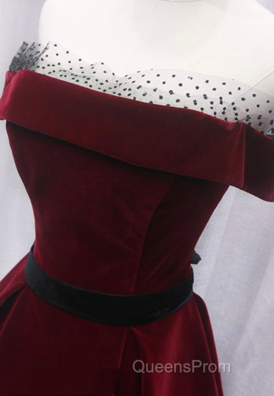Burgundy Velvet Long Evening Prom Dress, A-Line Evening Dress Secondary image