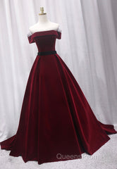Burgundy Velvet Long Evening Prom Dress, A-Line Evening Dress
