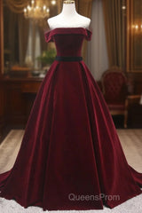 Burgundy Velvet Long Evening Prom Dress, A-Line Evening Dress