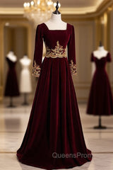 Burgundy Velvet Long Sleeve Appliques Square Evening Prom Dress