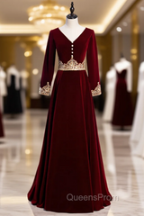 Burgundy Velvet Long Sleeve Appliques V-neck Evening Prom Dress