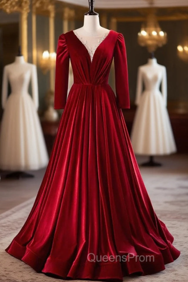 Burgundy Velvet Long Sleeve Beading Evening Prom Dress